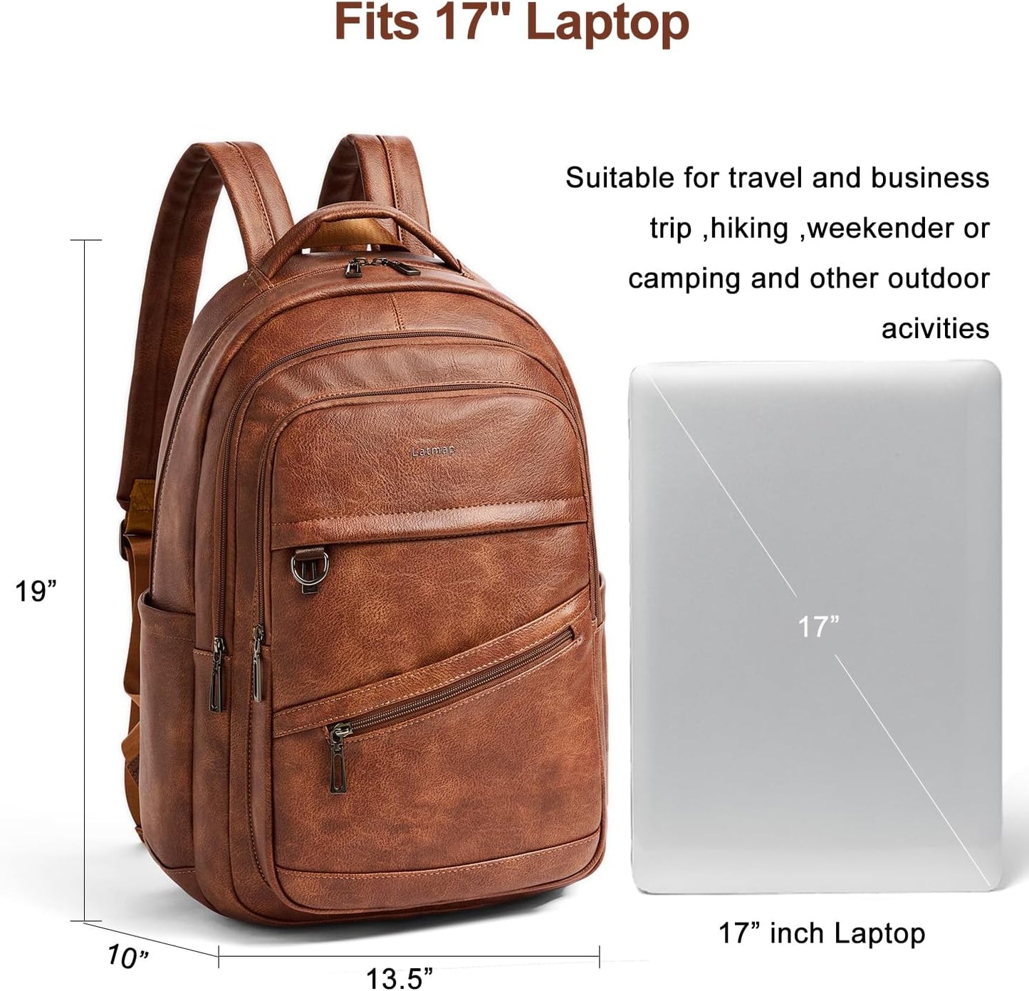 43L Backpack for Women Men - Vegan Leather Backpack Purse Travel Carry-on Bag College Bookbag Work fits 17" Laptop, Brown