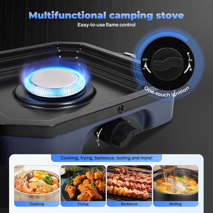 2-Burner Foldable Camping Stove with Griddle and Carrying Bag，16000 BTU Portable Propane Camp Stove with 2 Adjustable Burners & Piezo Ignition, for Camping, Home Backyard, Frying Turkey, Blue