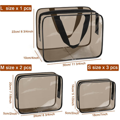 APREUTY Clear Makeup Bags, TSA Approved 6 Pcs Cosmetic Makeup Bags Set Clear PVC with Zipper Handle Portable Travel Luggage Pouch Airport Airline Vacation Organization (Black Brown)