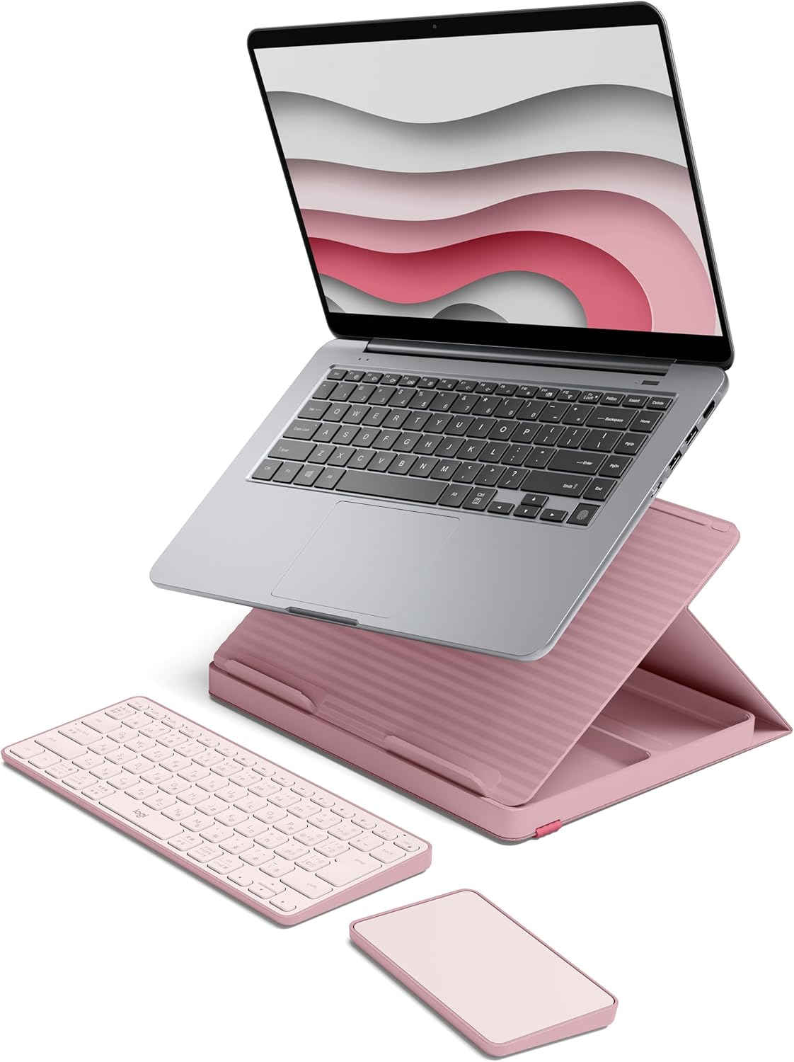 Logitech Casa Pop Up Desk Kit - Adjustable Laptop Stand for Desk, Wireless Keyboard & Touchpad, Bluetooth, USB C Charging, Bohemian Blush, Pink