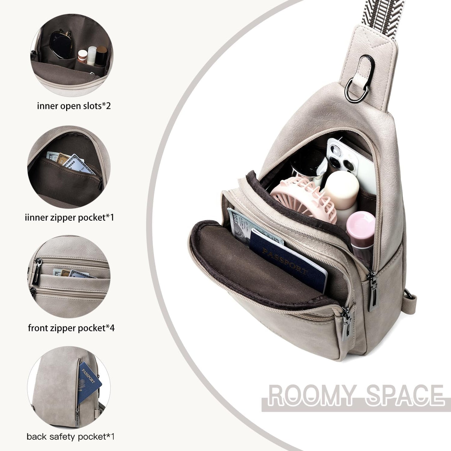 Sling Bag for Women Crossbody Bags Fanny Packs Sling Purse Backpack Shoulder Bag Vegan Leather Chic Travel Light Grey