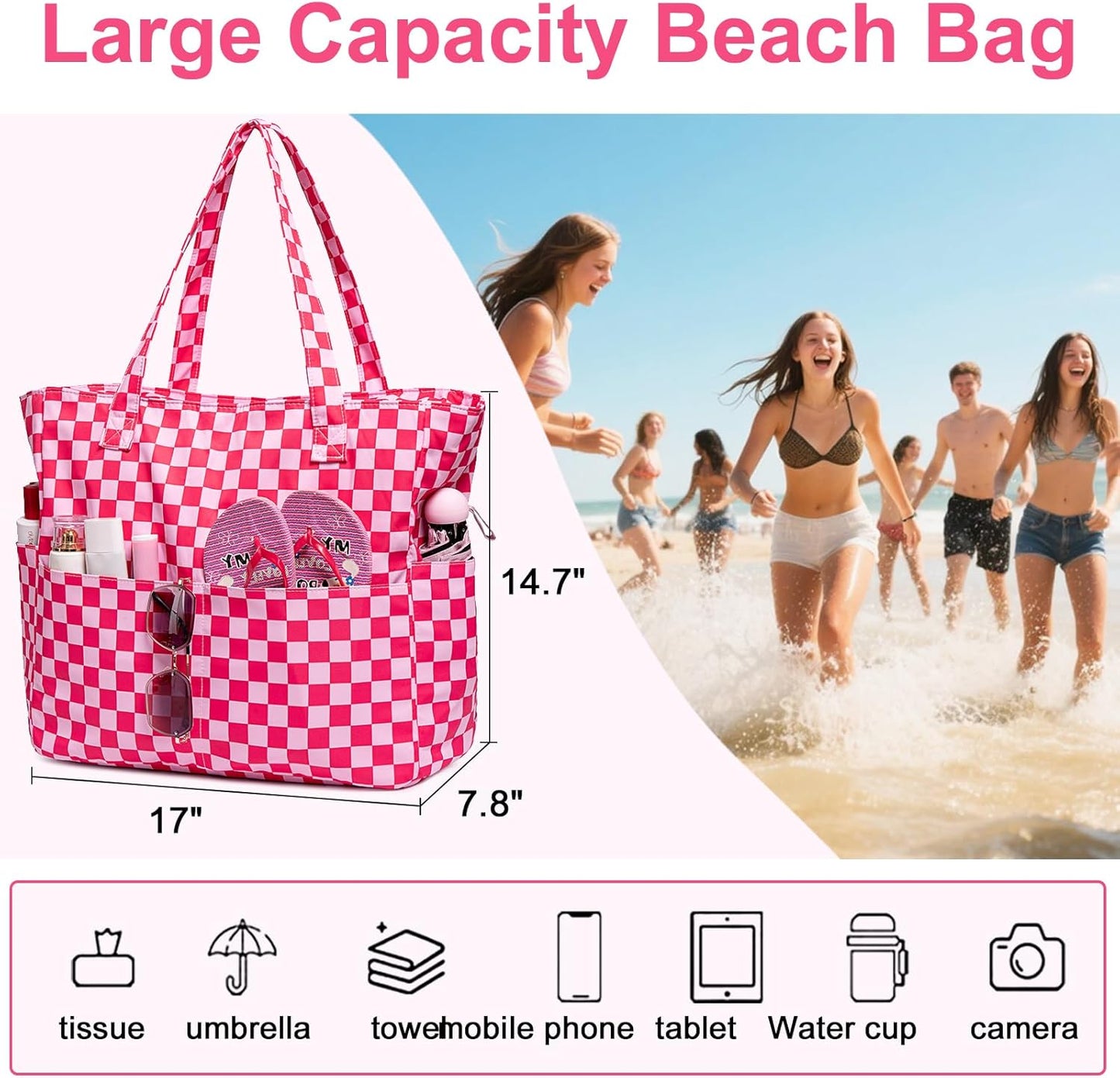 LEDAOU Large Beach Tote Bag Women Waterproof Sandproof Zipper Beach Tote Bag for Pool Gym Grocery Travel with Wet Pocket