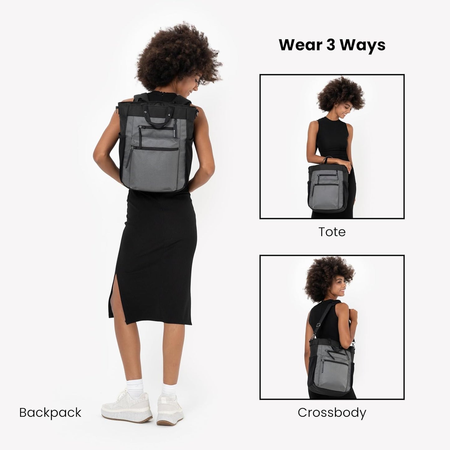 Sherpani Soleil, Anti Theft Convertible Backpack, 3 in 1 Tote Bag, Cross Body Purse, 18L Travel Backpack, Travel Gifts for Women, RFID Protection, Metal Hardware Fits 13” Laptop (Granite)