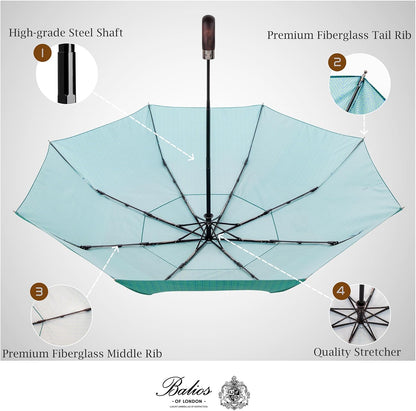 Balios Travel Folding Umbrella with Real Wood Handle Auto Open Close Vented Windproof Canopy - Designed in UK