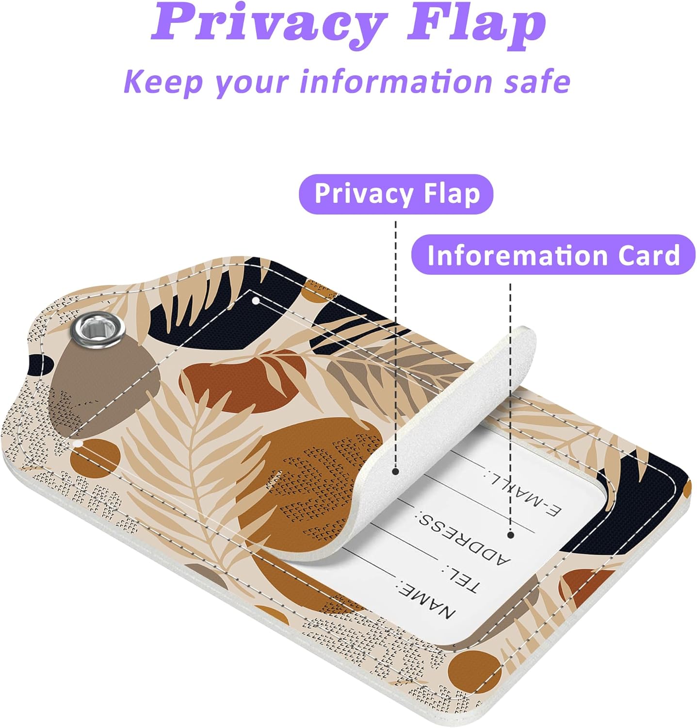 Boho Tropical Leaves Luggage Tags 2PCS PU Leather Suitcases Tag with Stainless Steel Loop and Privacy Name Address Cover Label Card for Women Men Travel