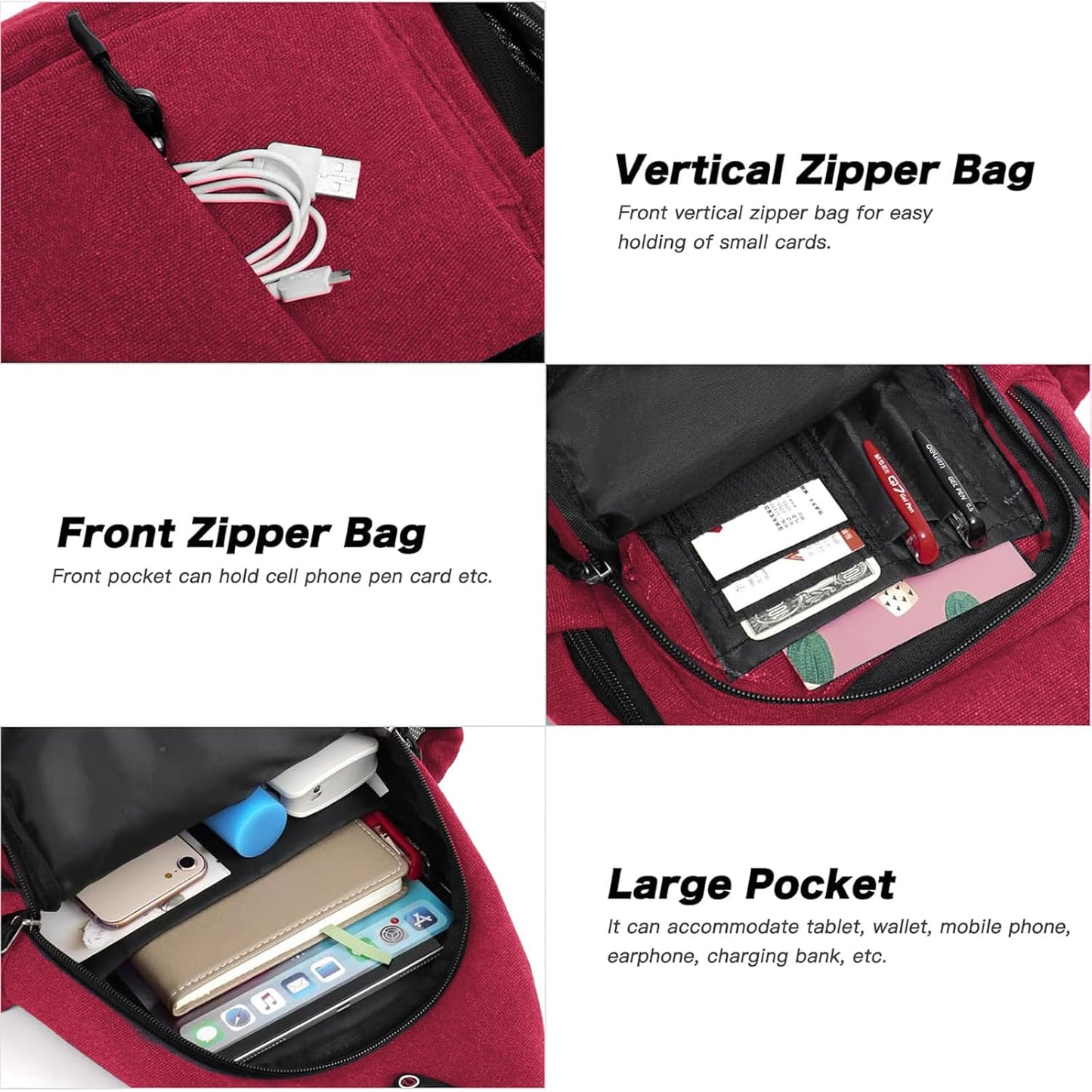 MOSISO Sling Backpack,Canvas Crossbody Hiking Daypack Bag with Anti-theft Pocket, Red