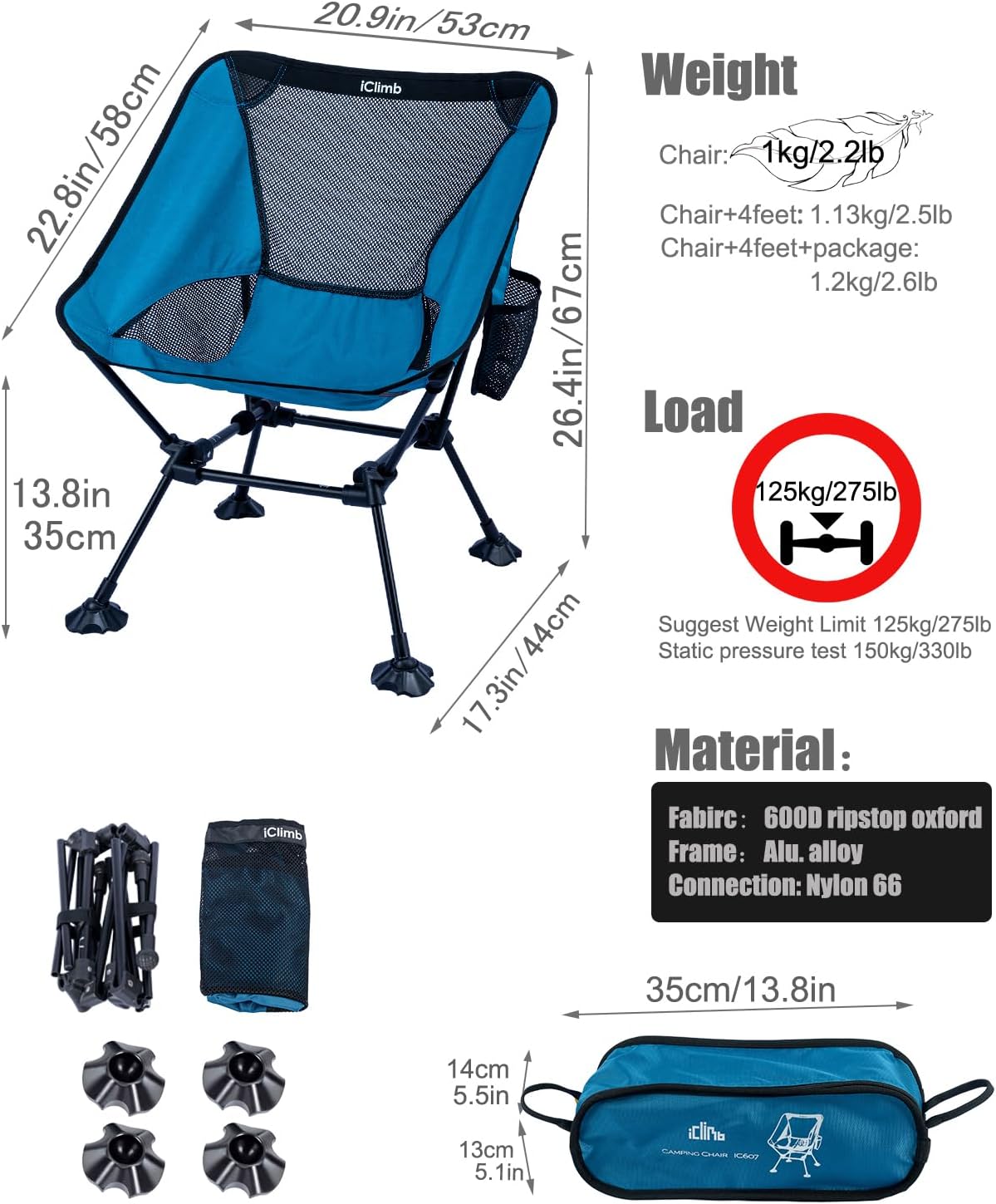 iClimb Ultralight Compact Camping Folding Beach Chair with Anti-Sinking Large Feet