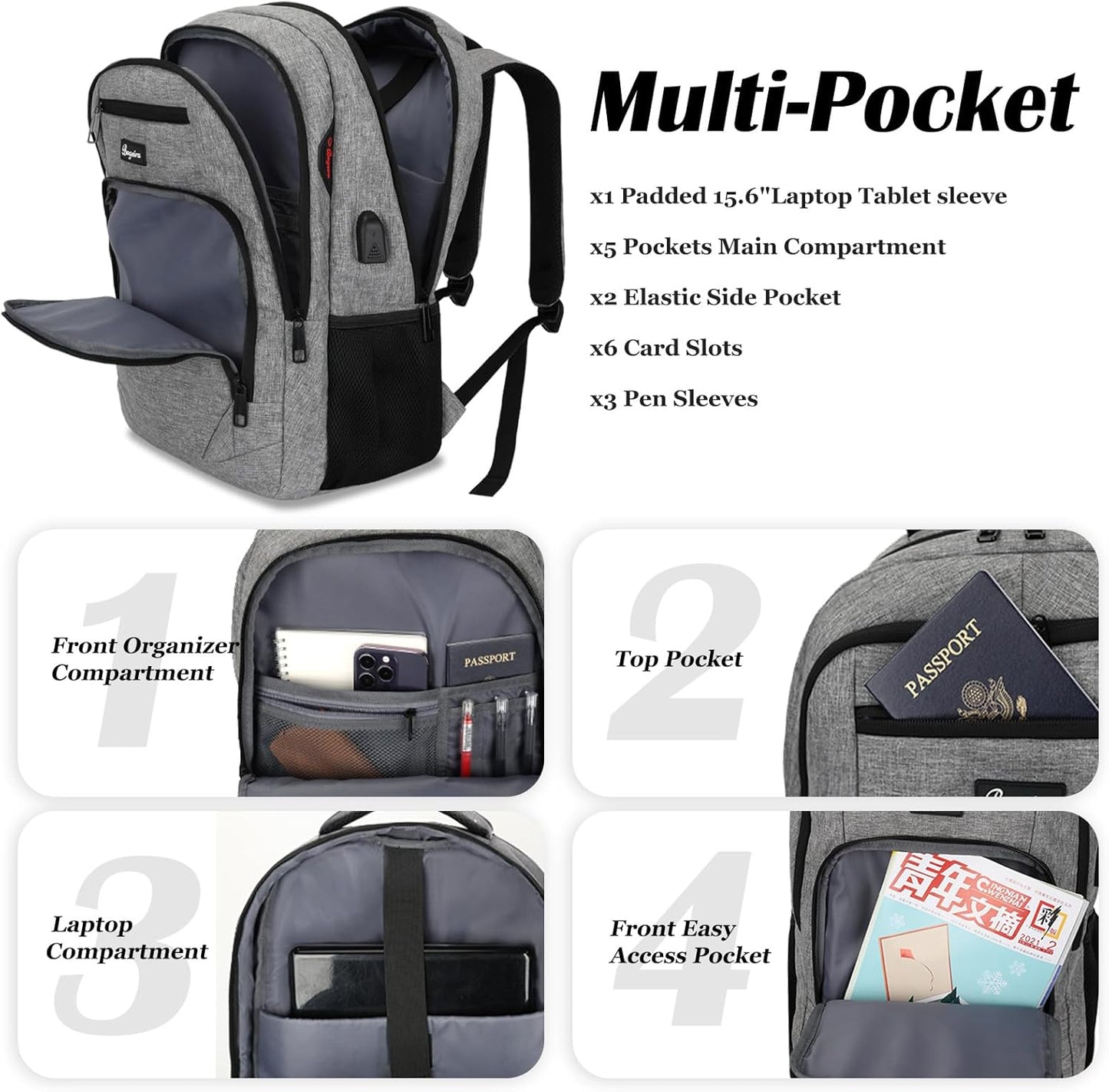 Travel Laptop Backpack for men women, School Backpacks for teen boys 15.6 Inch Durable Water Resistant Anti Theft Bookbag with USB Charging Port, College High School Business Computer Bookbags, Grey