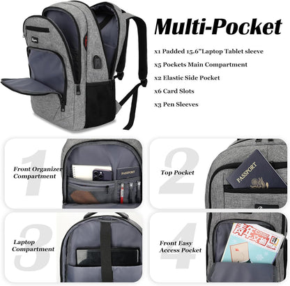 Travel Laptop Backpack for men women, School Backpacks for teen boys 15.6 Inch Durable Water Resistant Anti Theft Bookbag with USB Charging Port, College High School Business Computer Bookbags, Grey