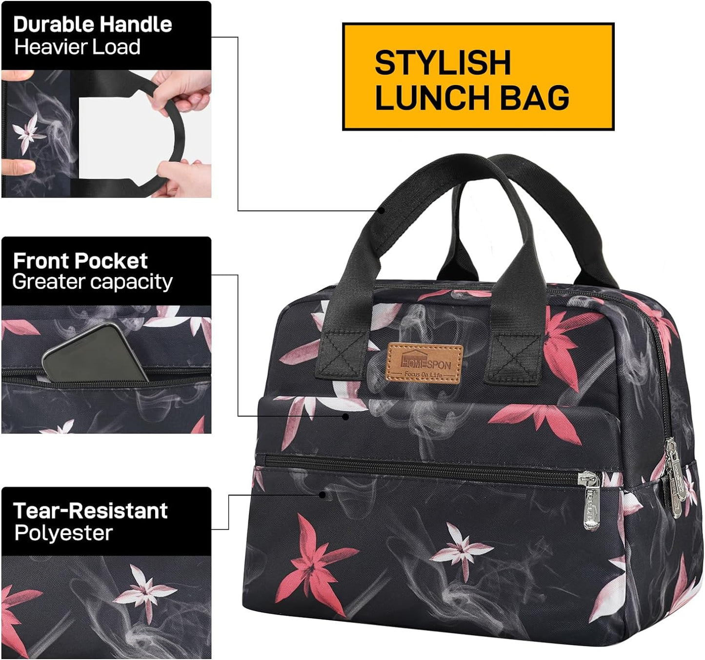 HOMESPON Insulated Lunch Bag for Women Men Lunch Box Cooler Lunch Tote for Work Picnic (Pink Flowers)