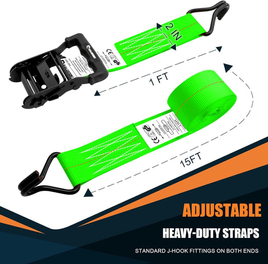 6 Pack 2 inch Ratchet Straps Heavy Duty J Hook 2 in x 15ft with Strong Ratcheting, Cargo Load Tie Down Strap 2200lbs Working Load for Trucks Green
