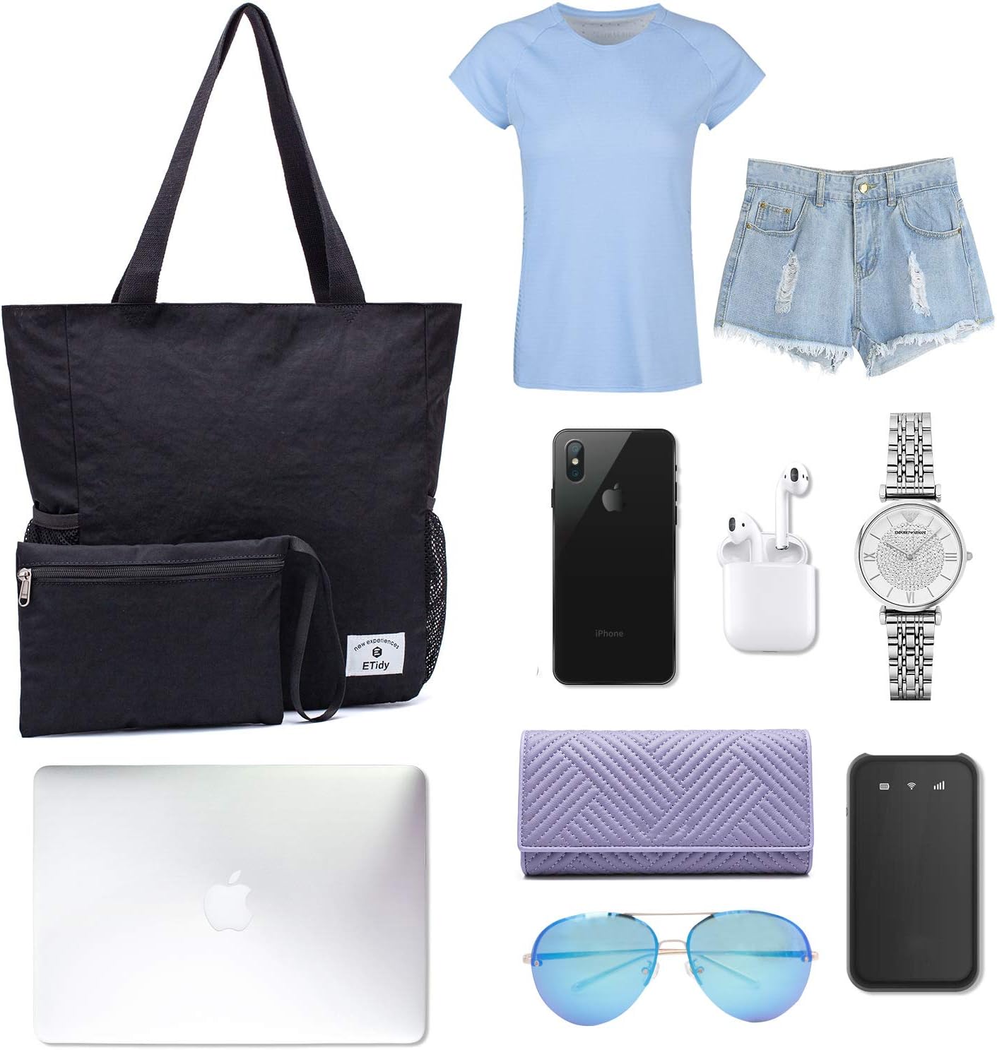 ETidy Large Capacity Foldable Tote Bag With Zipper Water-resistant SandproofWomen Beach Bag Handbag GymBag Travel ShoppingBag