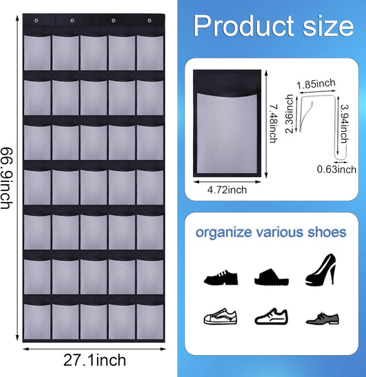 35Large Pockets Over The Door Shoe Organizer, Mesh Pockets Shoe Holder Rack, Capacity Shoe Hanging Storage，door shoe rack With 4 Metal Hook.