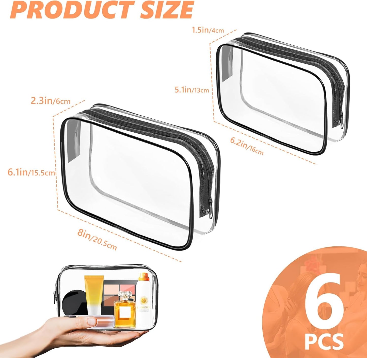 AURUZA 6 Pack Clear Toiletry Bag,Portable Travel Makeup Bags with Zipper, TSA Approved Clear Organizer Bags, PVC Cosmetic Pouch for Airport Airline Compliant (6 Packs Black)