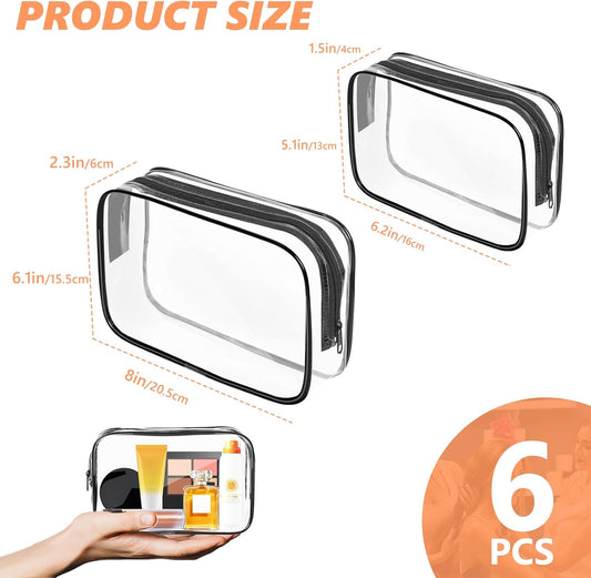 AURUZA 6 Pack Clear Toiletry Bag,Portable Travel Makeup Bags with Zipper, TSA Approved Clear Organizer Bags, PVC Cosmetic Pouch for Airport Airline Compliant (6 Packs Black)