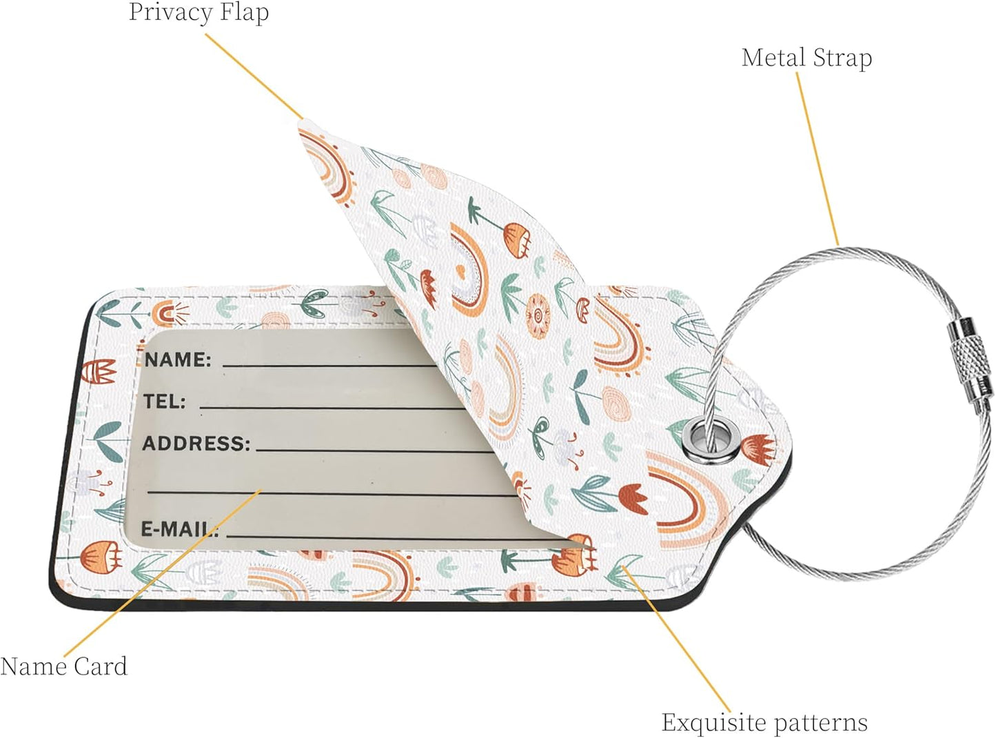 2 Pcs Luggage Tags for Suitcase, Cute Unique PU Leather Travel Bag Tag with Privacy Cover ID Label Address Card and Durable Metal Ring Suitable for Men Women Children Backpack,Rainbow and Flowers