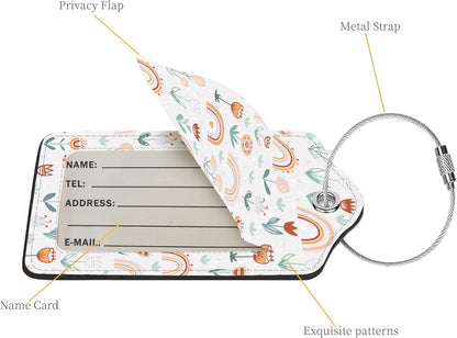 2 Pcs Luggage Tags for Suitcase, Cute Unique PU Leather Travel Bag Tag with Privacy Cover ID Label Address Card and Durable Metal Ring Suitable for Men Women Children Backpack,Rainbow and Flowers