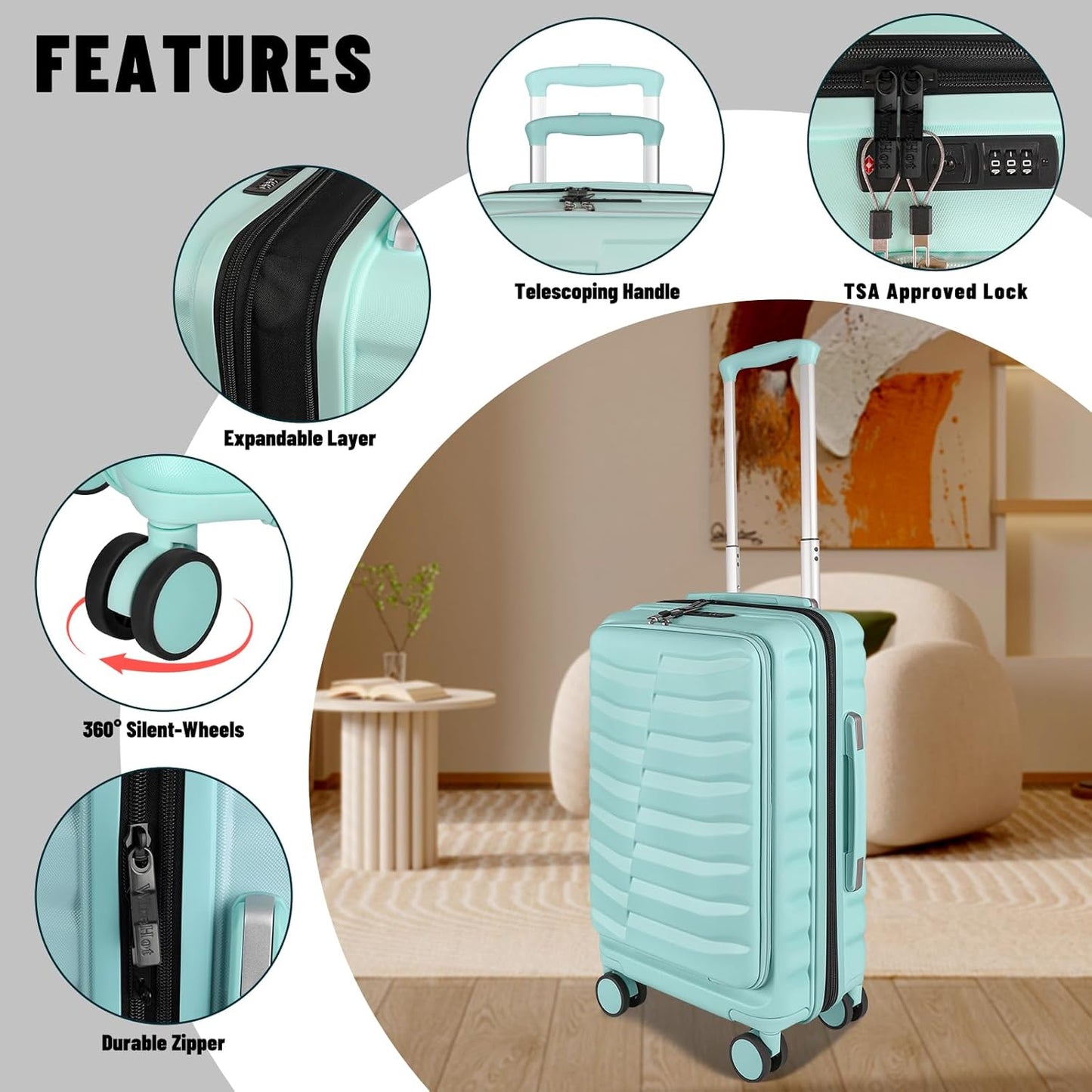 22×14×9 Airline Approved Carry On Luggage with Front Open Pocket Expandable, Spinner Wheels, ABS+PC Hardshell Small 20inch Suitcase with Protective Cover and Luggage Tag, Mint Green