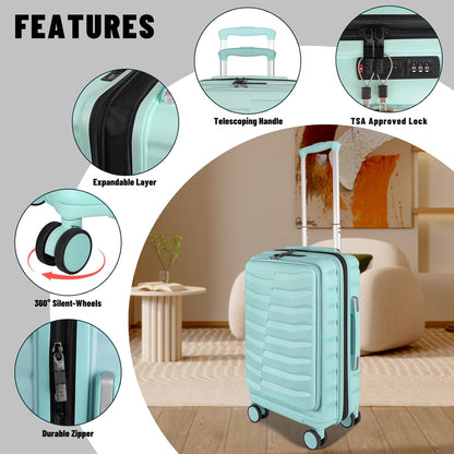 22×14×9 Airline Approved Carry On Luggage with Front Open Pocket Expandable, Spinner Wheels, ABS+PC Hardshell Small 20inch Suitcase with Protective Cover and Luggage Tag, Mint Green