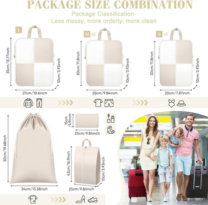 8 Set Compression Packing Cubes Travel, Lightweight Expandable Travel Cubes Suitcase Organizer for Carry On Luggage Suitcase, Beige