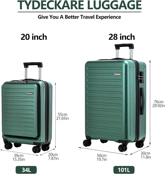 TydeCkare 2pcs 20/28" Luggage Set Lightweight HardShell, Only 20 Inch Carry On 21.65 * 15.35 * 7.87" Cabin Suitcase with Front Pocket, 28 Inch 19.68 * 11.81 * 29.92" Checked Luggage, Green