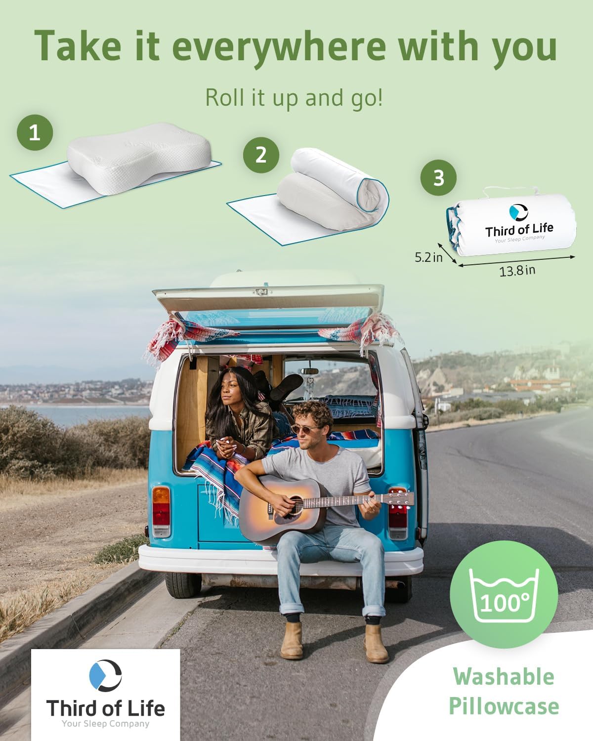 Third of Life Travel Pillow with Activated Charcoal Memory Foam | Cervical Neck Pain Relief Pillow for Back & Side Sleepers | Aloe Vera Extract Viscose Pillowcase