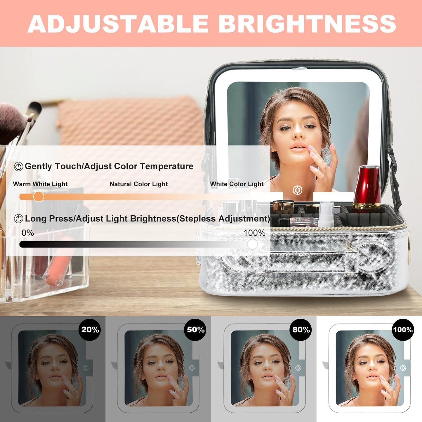 Mocado Travel Makeup Bag with LED Lighted Mirror,Travel Makeup Organizer,Makeup Case with 3 Color Lighted Setting and 10x Magnifying Mirror,Portable Storage and Adjustable Dividers Makeup Box(Silver)