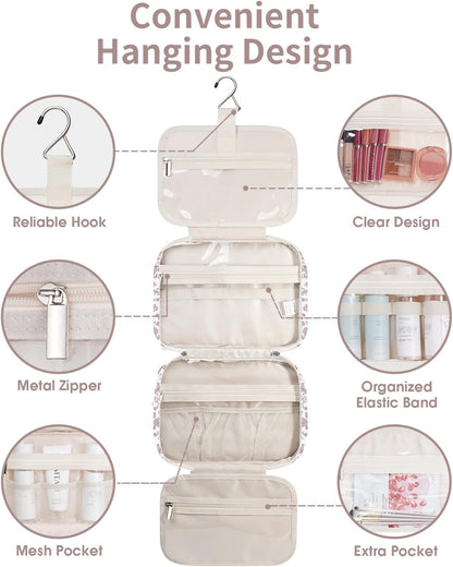 Narwey Hanging Floral Toiletry Bag for Women Travel Makeup Bag Organizer Toiletries Bag for Travel Size Essentials Accessories Cosmetics (Little Dusty Pink Flower (Medium))