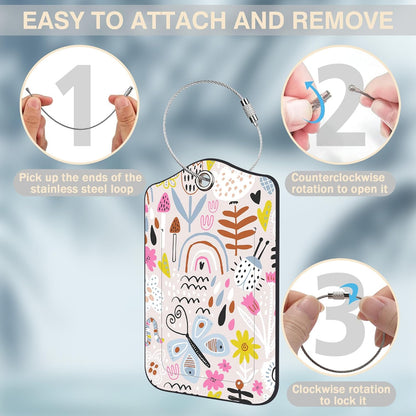 2 Pack Luggage Tags for Suitcases Rainbow Butterfly Mushroom Flower Leather Luggage Tags Privacy Cover ID Label with Stainless Steel Loop and Address Card for Women Men Travel Bag Backpack