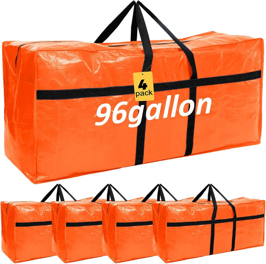 4 Pcs 96 Gallon Large Moving Bags with Zipper and Handles Foldable Storage Duffle Bags Heavy Duty Extra Large Totes for College Dorm Travel Clothes Blankets Bedding Moving (Orange)