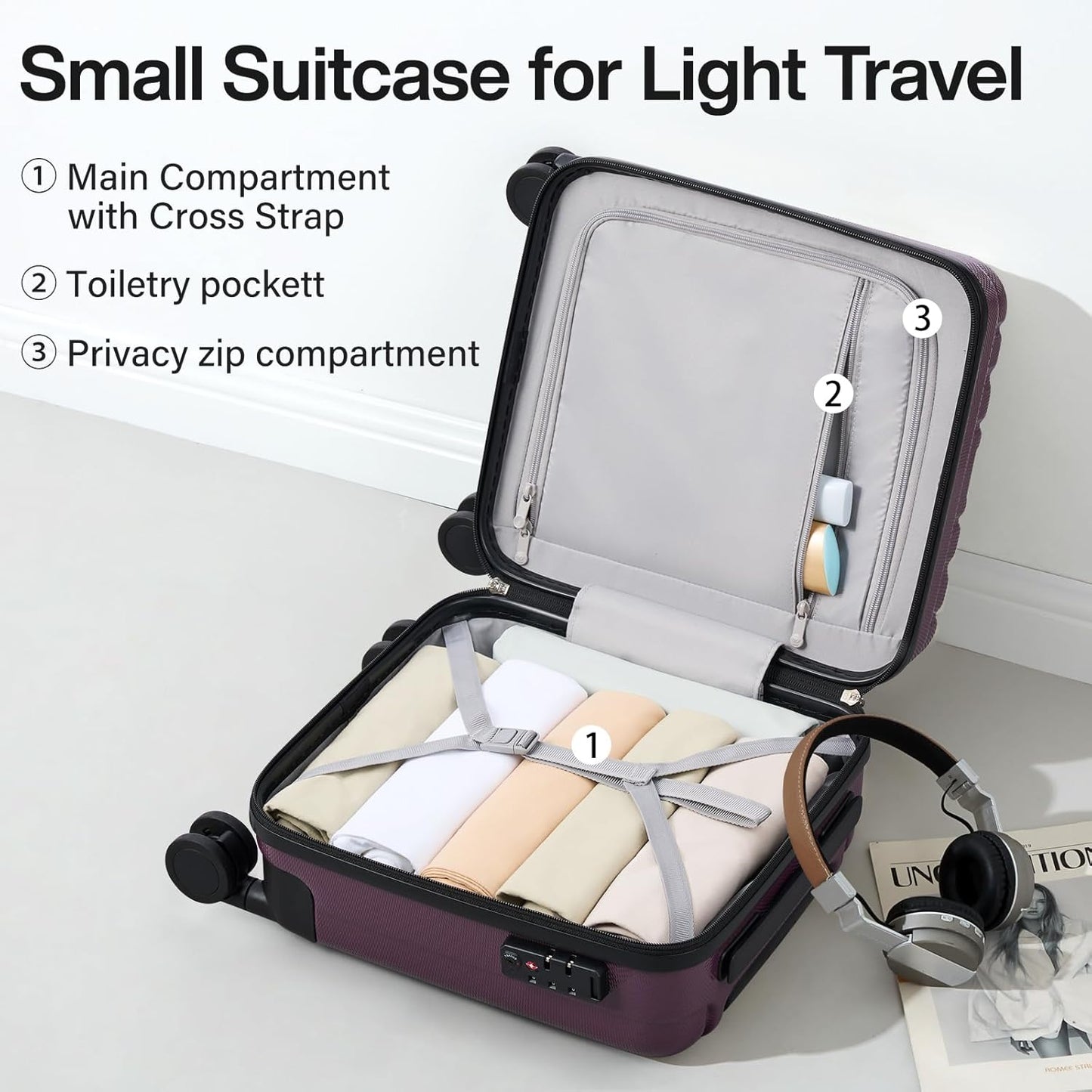 Hanke 14 Inch Underseat Carry On Luggage with Wheels Hard Shell Suitcases Lightweight Small Luggage for Weekender Mini Suitcase Carry On Bag Travel Luggage for Travel Rolling Suitcase.(Purple)