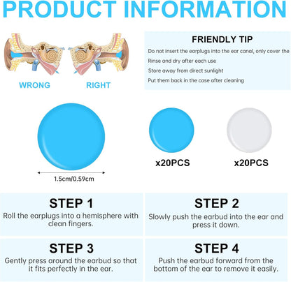 40 PCS Soft Moldable Silicone Earplugs, Reusable Noise Cancelling Earplugs, Silicone Ear Plugs for Sleeping, Earplugs for Swimming, Travel, Snoring, Concerts, Airplane Ear Pressure, Etc. Blue/Clear