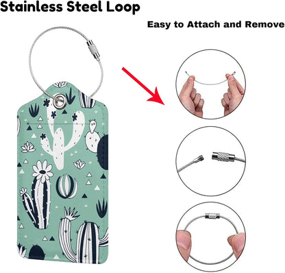 2 Pack Cute Cactus Green Suitcase Tags Identifiers Unique Leather Luggage Tags with Stainless Steel Loop Privacy Cover ID Label for Women Men Girls Boys Travel