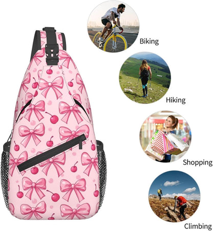 SUPLUCHOM Sling Bag Pink Bows Cherry Hiking Daypack Crossbody Shoulder Backpack Travel Chest Pack for Men Women