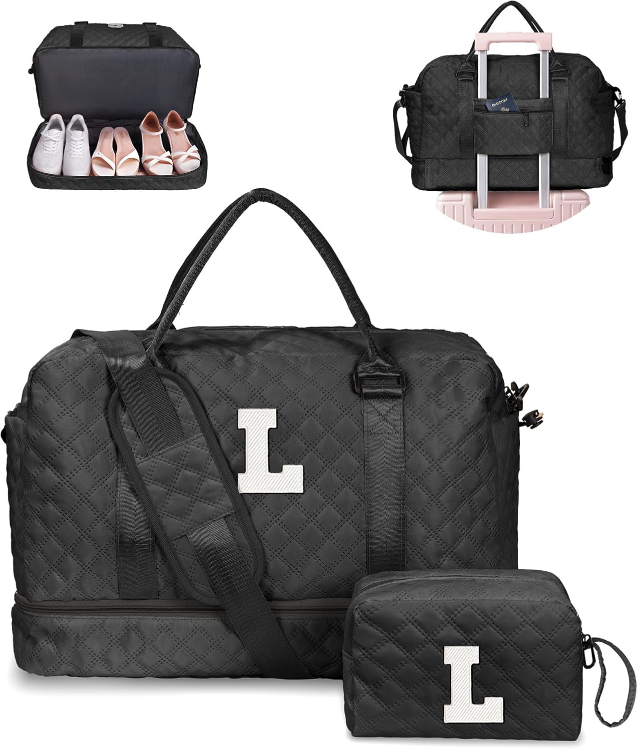 Graduation Gifts for Girls-Initial Duffle Bag with Shoe Compartment, Personalized Weekender Bag, Monogram Overnight Bag, Letter Travel Bag with Makeup Bag, Bride Gifts (Letter L)