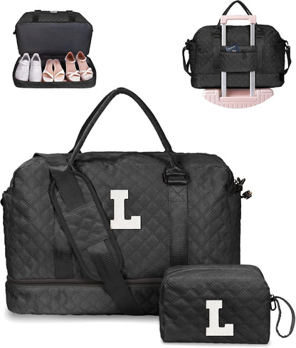 Graduation Gifts for Girls-Initial Duffle Bag with Shoe Compartment, Personalized Weekender Bag, Monogram Overnight Bag, Letter Travel Bag with Makeup Bag, Bride Gifts (Letter L)