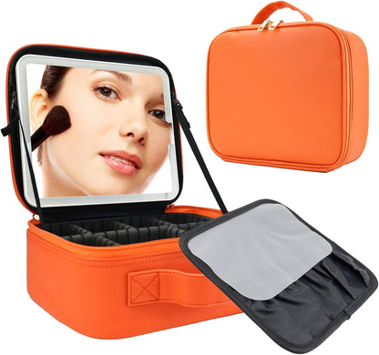 Travel Makeup Bag with LED Mirror Travel Makeup Organizer with 3 Lighted Settings, Adjustable Dividers and Makeup Brush Storage Bag Orange
