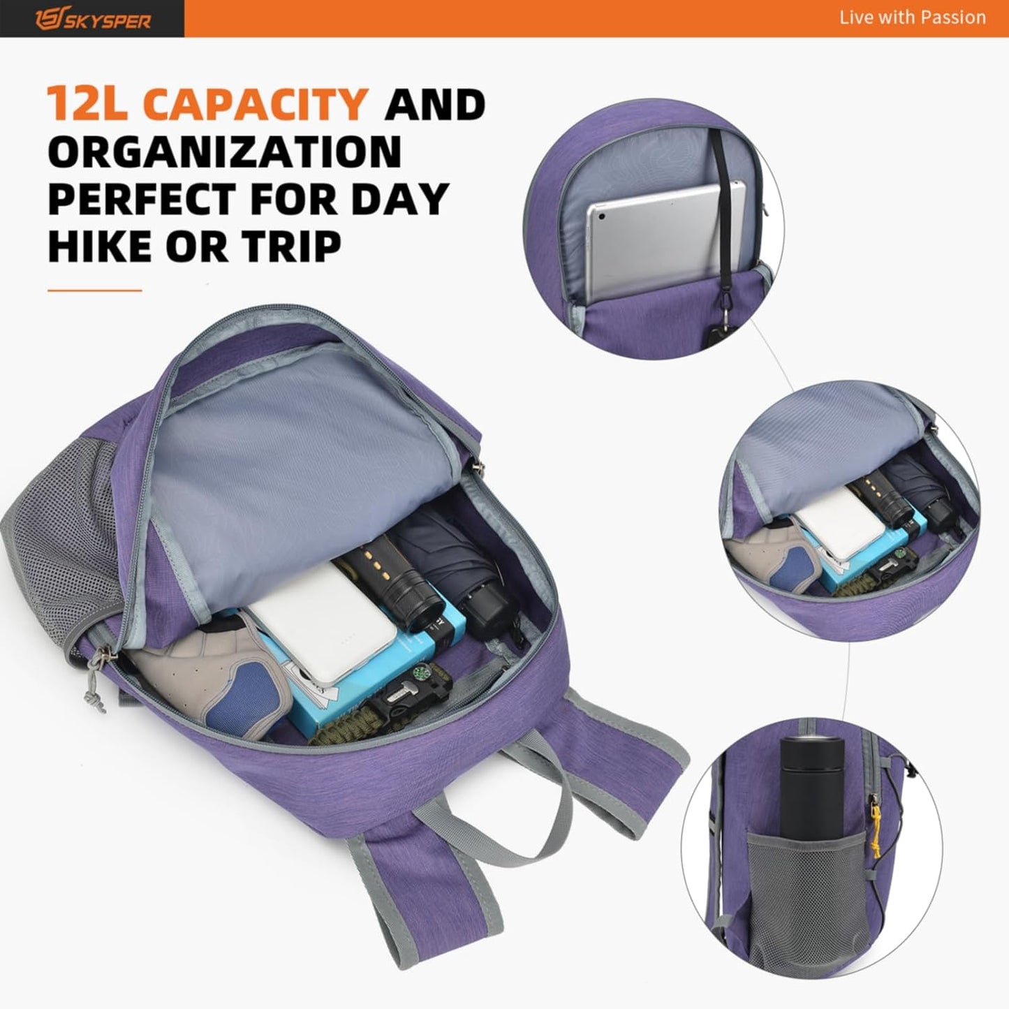 SKYSPER Small Hiking Backpack -12L Lightweight Packable Daypack for Travel Foldable Tear Resistant Backpacks for Women Men