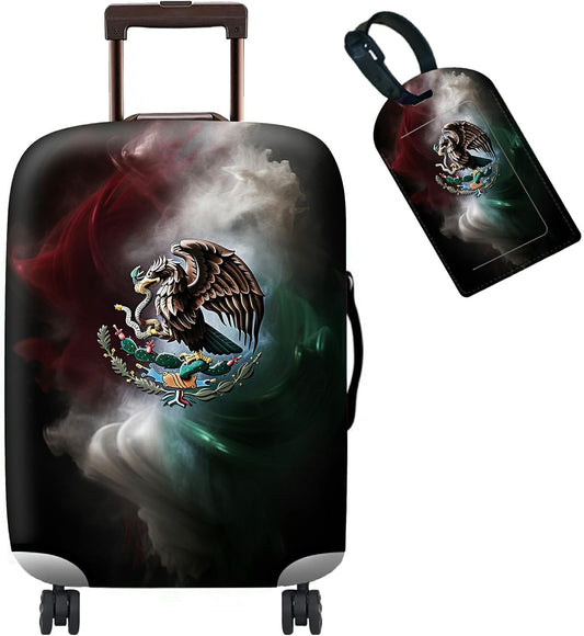 Luggage Cover + Tag, Mexican Flag Eagle Travel Suitcase Protector for 18-20 inch Luggage (S) with Concealed Zipper, Washable Elastic Cloth, Dustproof, Anti-Scratch
