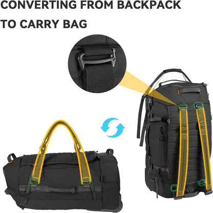 85L 29“ Foldable Rolling Backpack with Wheels, Soft-Side Travel Duffle Bag with Separate Shoe Compartment, Full Quilted Bottom, Black