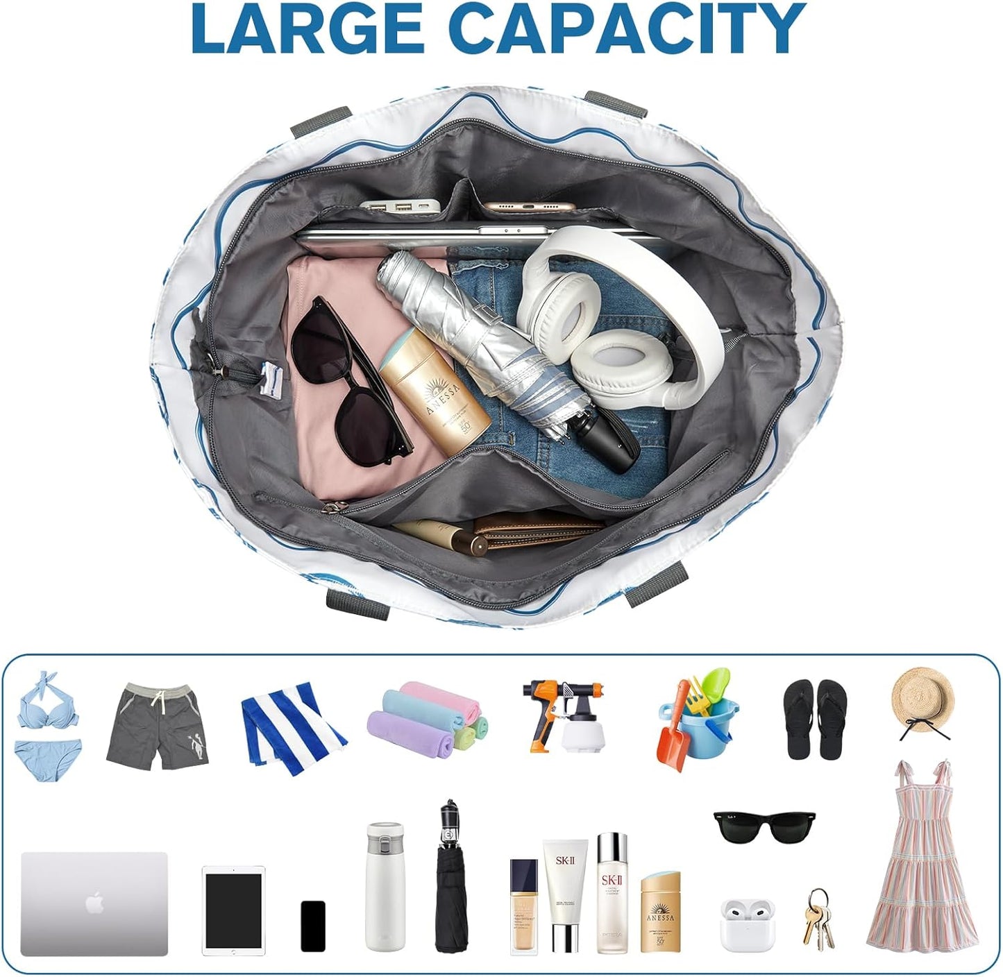 G4Free Beach Bag, Waterproof Sandproof Beach Tote Bag, Large Capacity Foldable for Women