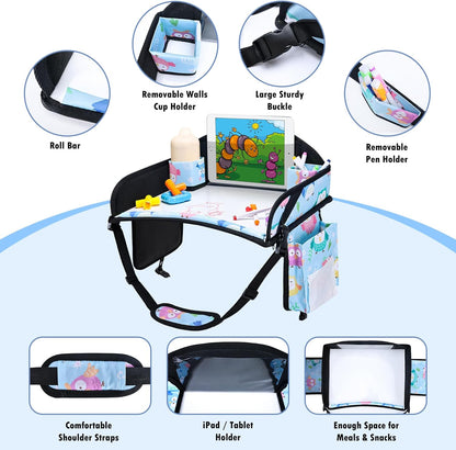 Kids Travel Tray, Car Seat Tray for kids Travel, Toddler Road Trip Essentials With Drawing Kit, Toddler Lap Desk Organizer for Car, Carseat Table for Airplane