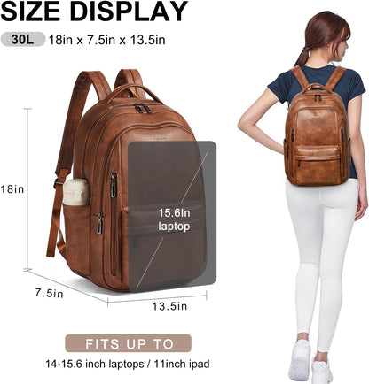 30L Business Laptop Backpack for Women Men, Travel Work Backpack Purse Faux Leather College Bookbag fits 15.6" Laptop - Brown