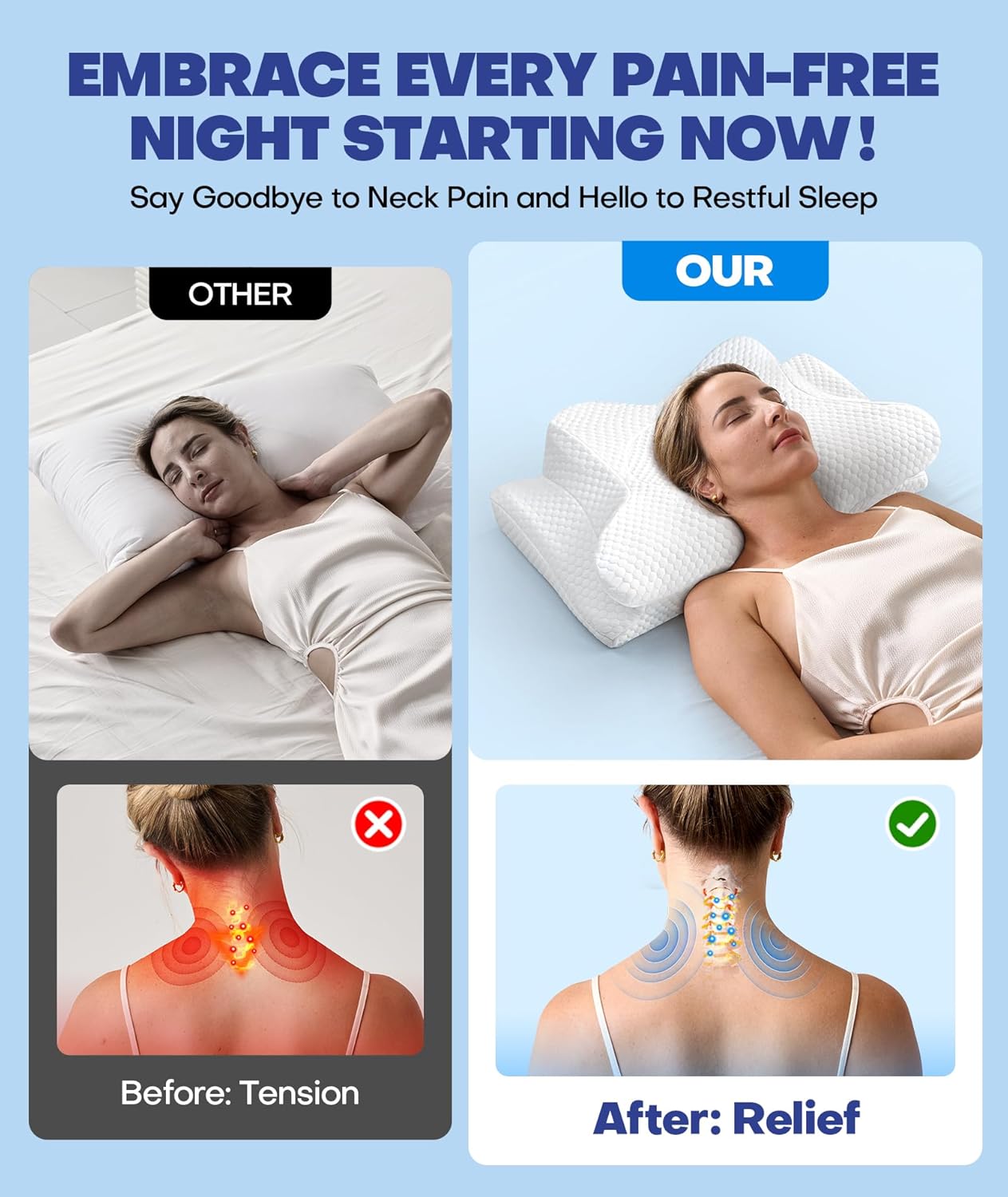 Emircey Clinical-Level Relief Cervical Neck Pillow for Sleeping, Orthopedic Contour Memory Foam Pillow for Side Sleepers, Cooling Pillow for Neck Relief, Ergonomic for Back and Stomach Sleepers