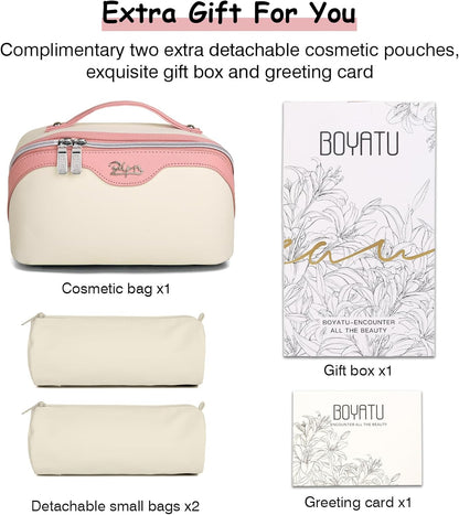 BOYATU Travel Makeup Bag Organizer Cosmetic Bag: 3 Pcs Set Make up Bags for Women with Handle - Waterproof Vegan Leather Toiletry Bags with Comparments (D-02-White)