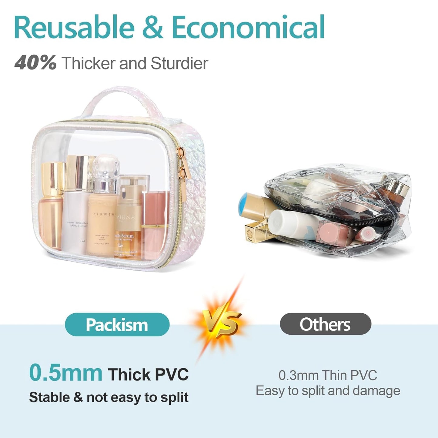 PACKISM TSA Approved Toiletry Bag - Ruched Textured Clear Makeup Bag, Iridescent White, with 180° Large Opening and Supporting Frame, Perfect for Travel Essentials, Thick No Smell