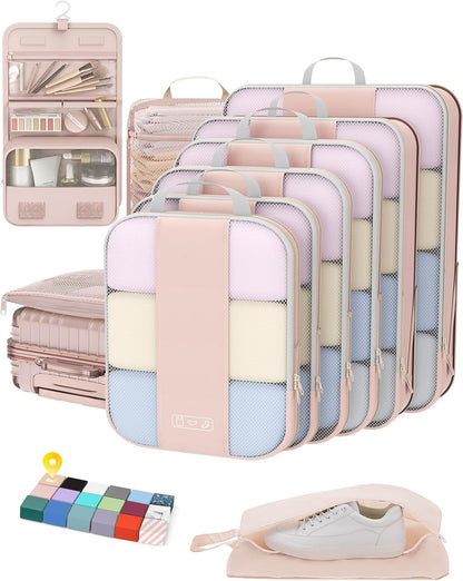10 Set Compression Packing Cubes for Travel Women Mom,OlarHike Luggage Clothes Storage Gifts for Travelers,Airplane/Cruise/Car/Train Travel Essentials,Compressible Expandable Saver Space Bags(Beige)