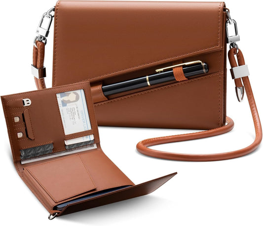 Real Leather Wallet RFID Blocking Passport Holder with Travel Lanyard Document Organizer Brown (Brown)