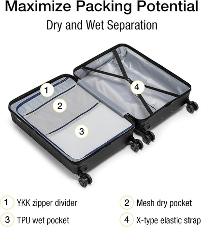 KYME Carry On Luggage 22x14x9 Airline Approved Expandable with Cup Holder 20 Inch Hardshell Carry-On Suitcase with Spinner Wheels TSA Lock Small Lightweight Travel Rolling Luggage Black