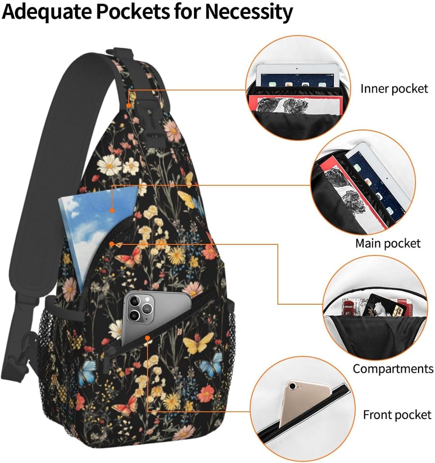 SUPLUCHOM Sling Bag Wildflower Botanical Butterfly Flower Hiking Daypack Crossbody Shoulder Backpack Travel Chest Pack for Men Women